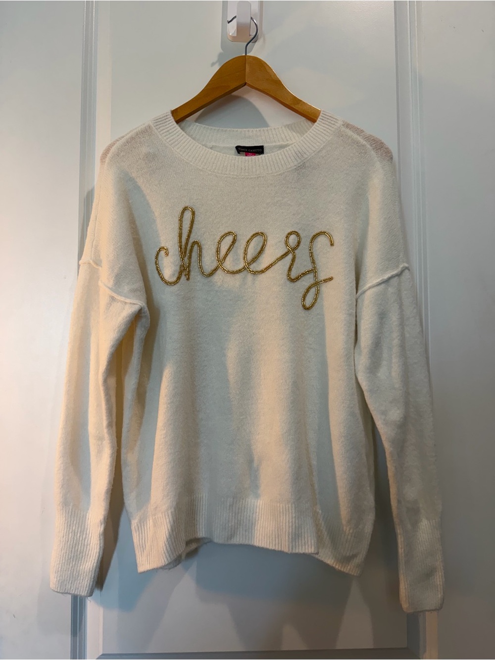 Vince Camuto XS Cheers Sweater White Gold Beaded Script Cozy Crewneck